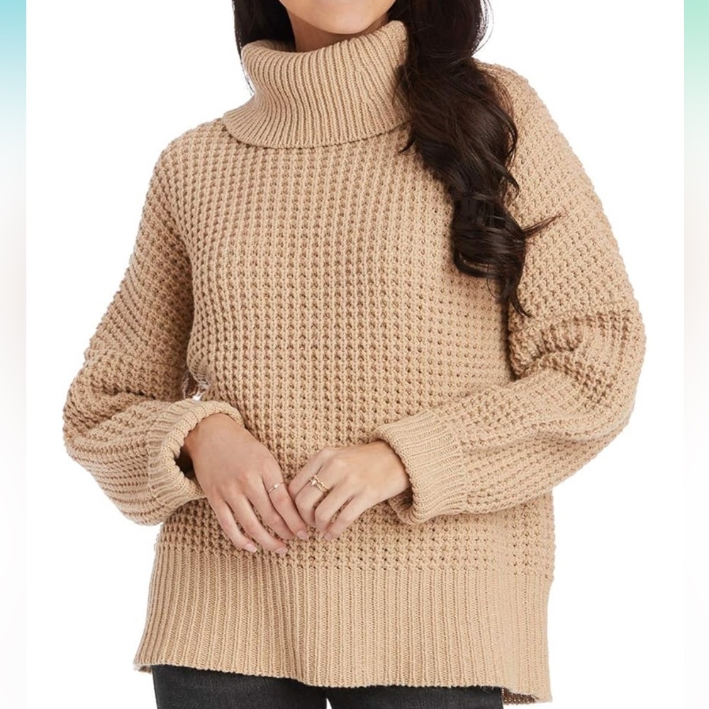 Mudpie Randi Waffle Knit Cowl‎ Neck Sweater beige tan Size Large